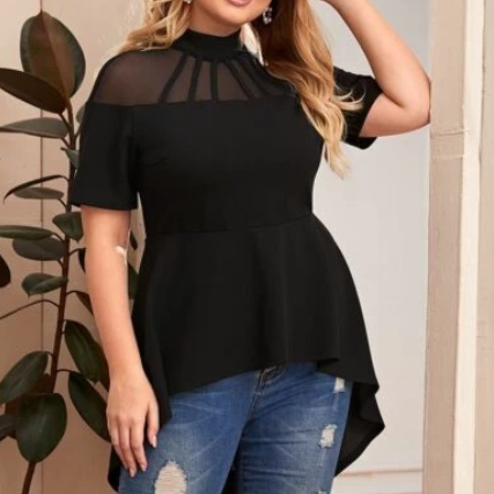 Keyhole Back Sheer Mesh Yoke Asymmetrical Peplum Top